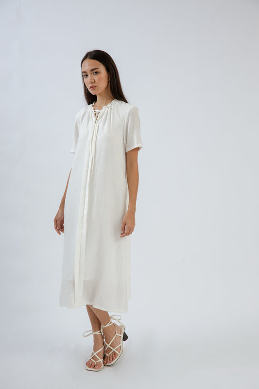 Gathered Neckline Short Sleeve Dress (Ivory)