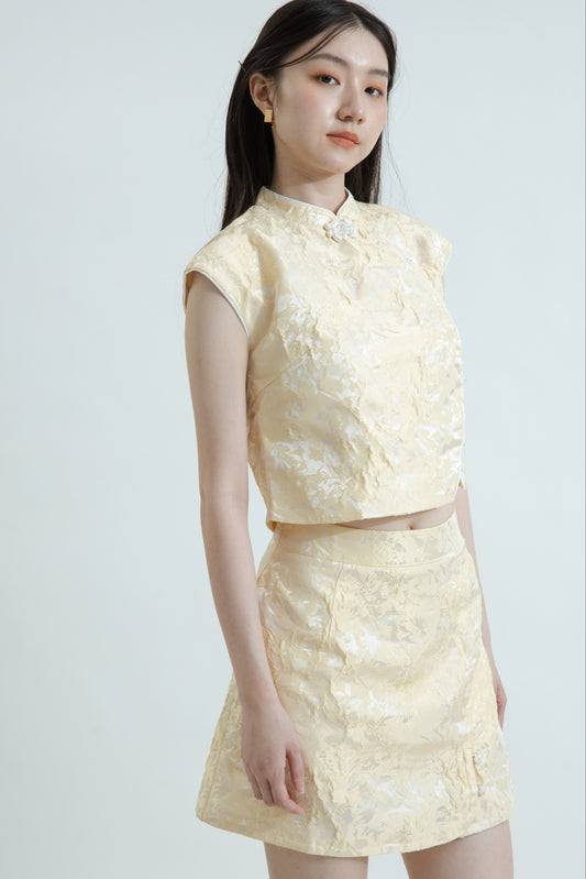 Spring Aura Embroidery A Line Mini Skirt (Pastel Yellow)