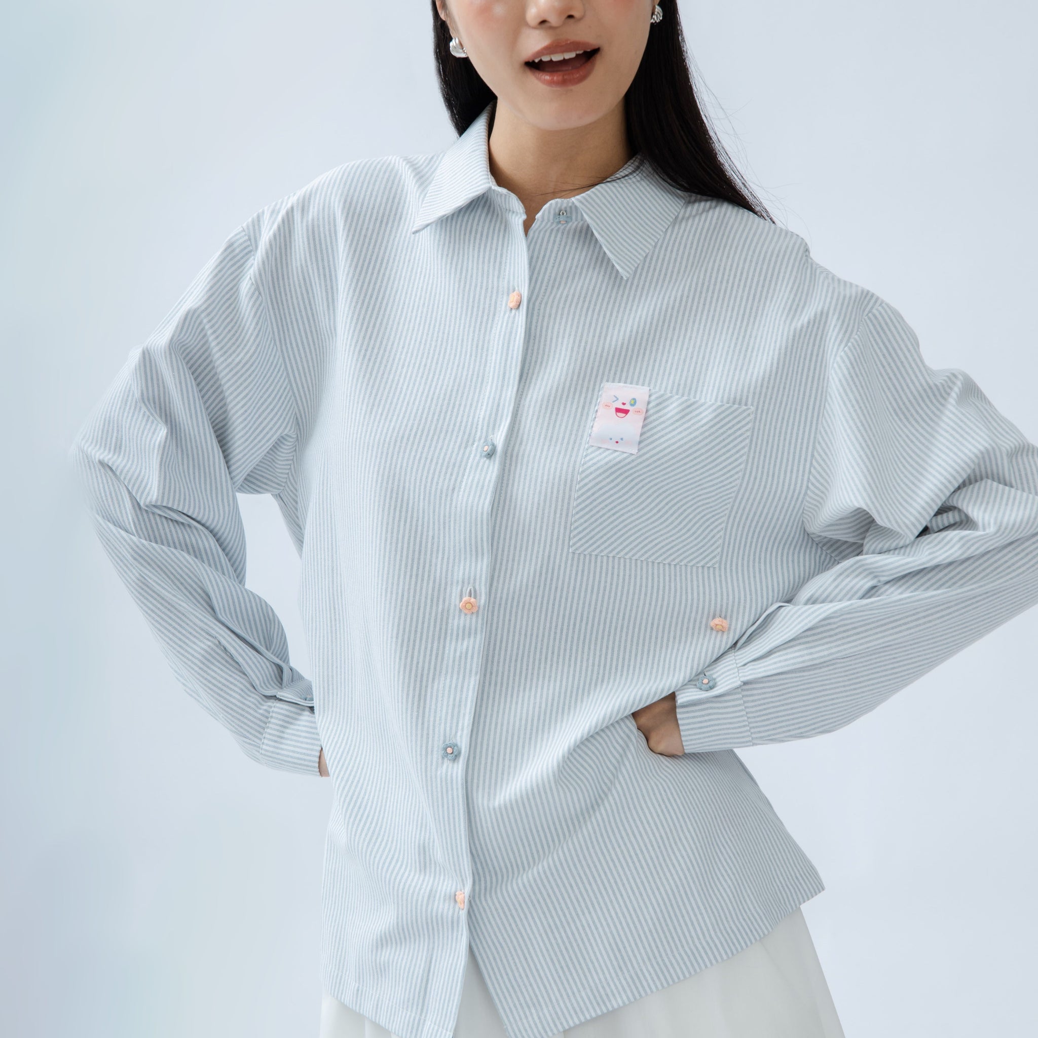 Flower Button Stripes Shirt (Blue Stripes)