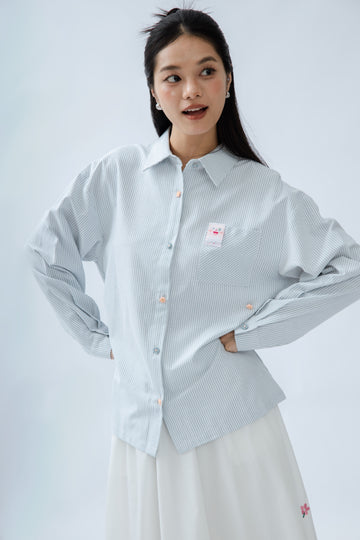 Flower Button Stripes Shirt (Blue Stripes)
