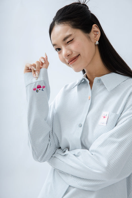 Flower Button Stripes Shirt (Blue Stripes)