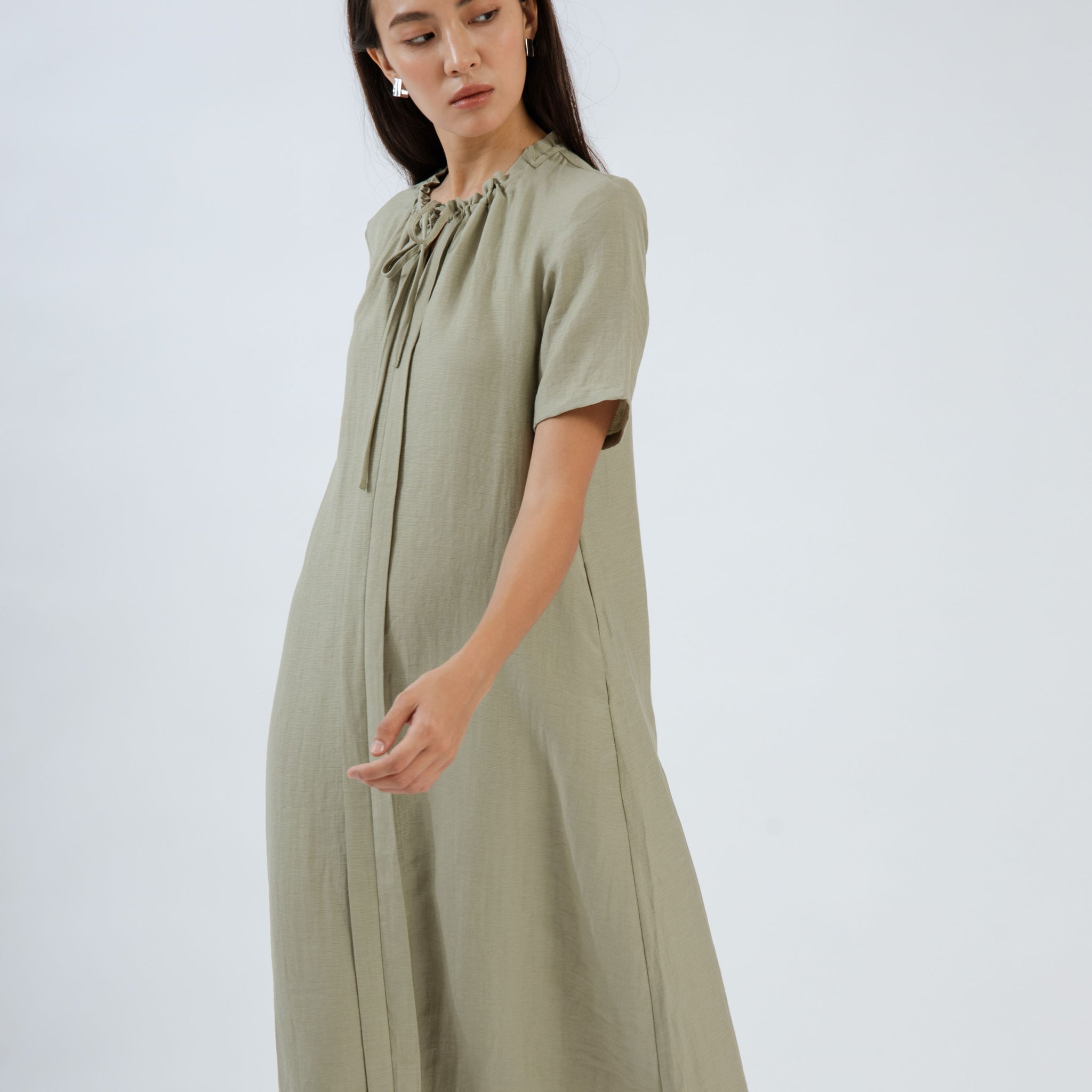 Gathered Neckline Short Sleeve Dress (Ash Green)