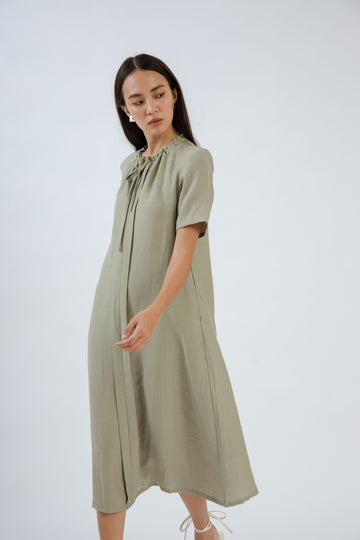 Gathered Neckline Short Sleeve Dress (Ash Green)
