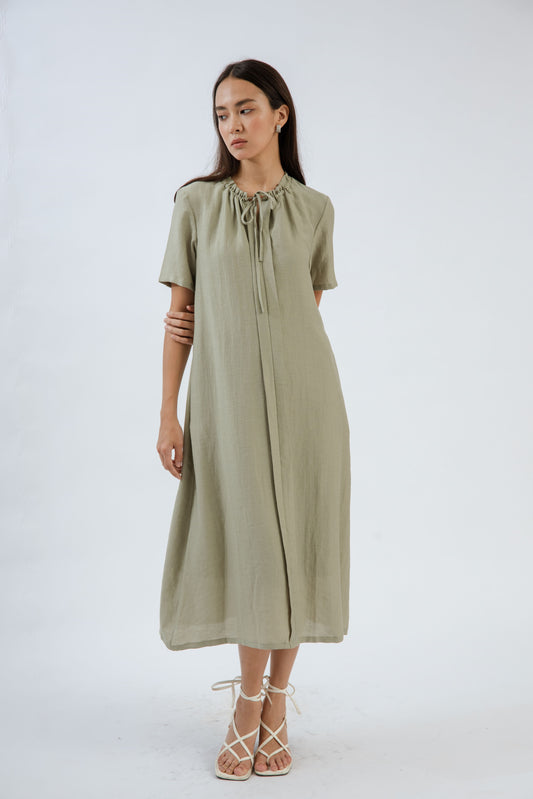 Gathered Neckline Short Sleeve Dress (Ash Green)