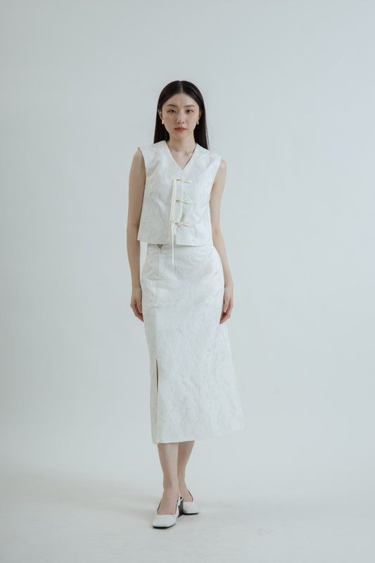 Button Details Textured Cheongsam Top (White)