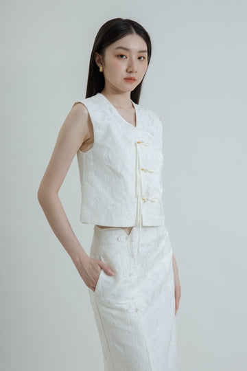 Button Details Textured Cheongsam Top (White)
