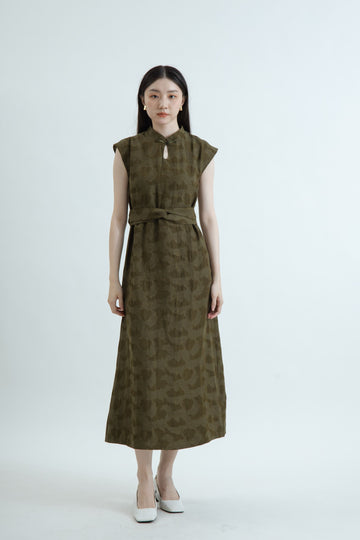 Waist-Tie Sleeveless Cheongsam Dress (Dark Green)