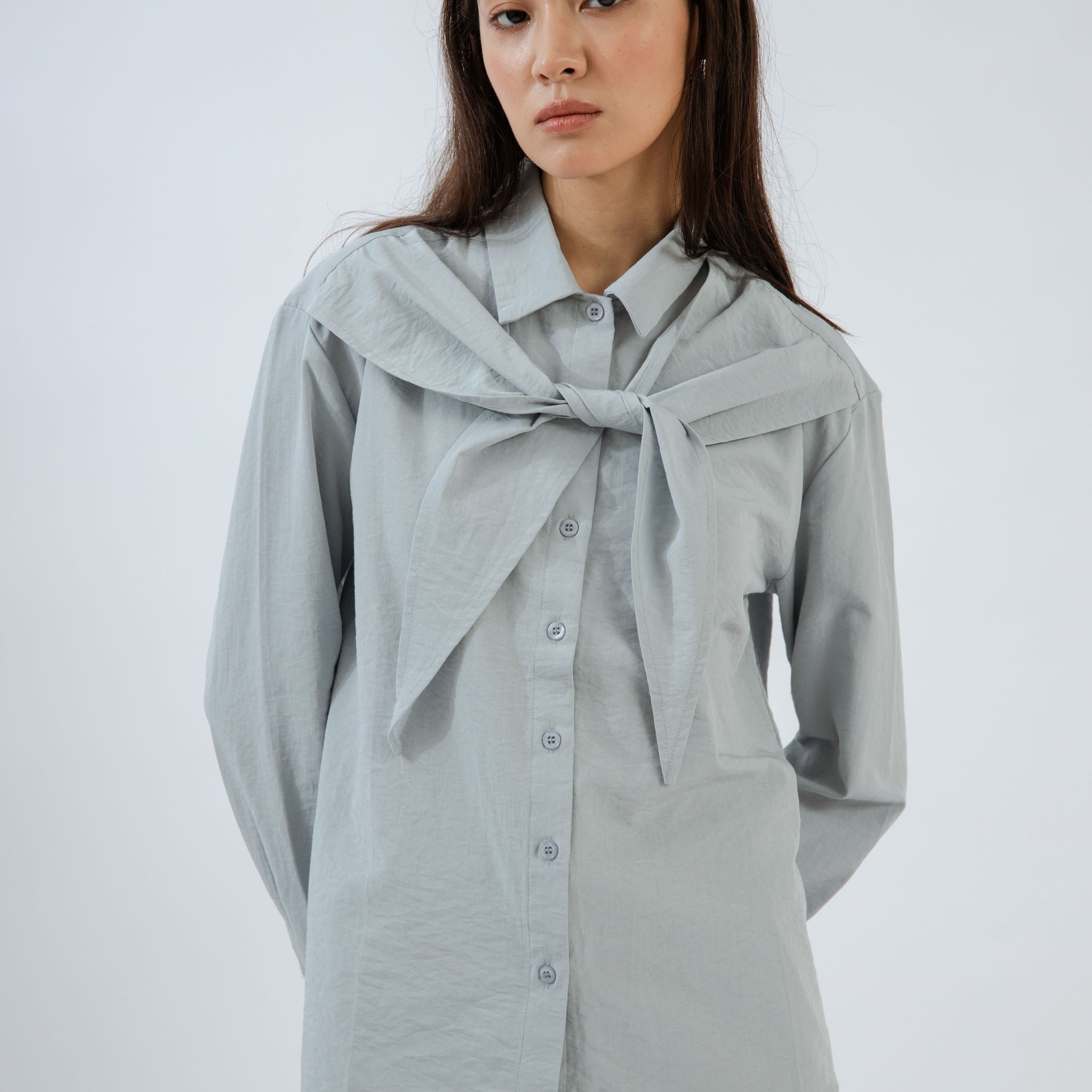 Front-Tie Collared Long Sleeve Blouse (Ash Blue)