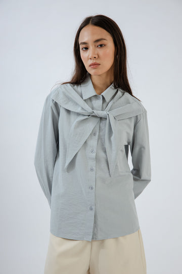 Front-Tie Collared Long Sleeve Blouse (Ash Blue)