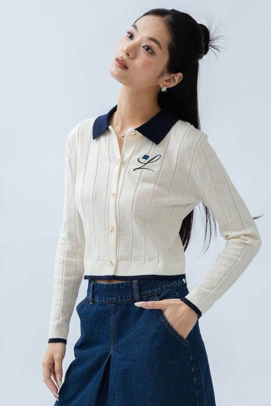 LULU Collared Embroidery Long Sleeve Knit Top (Beige)