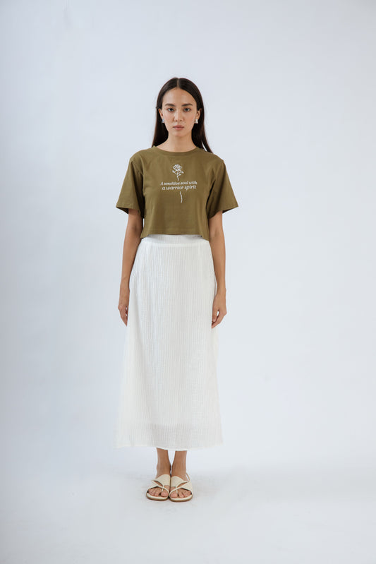 Wrinkle Back Elastic Midi Skirt (White)