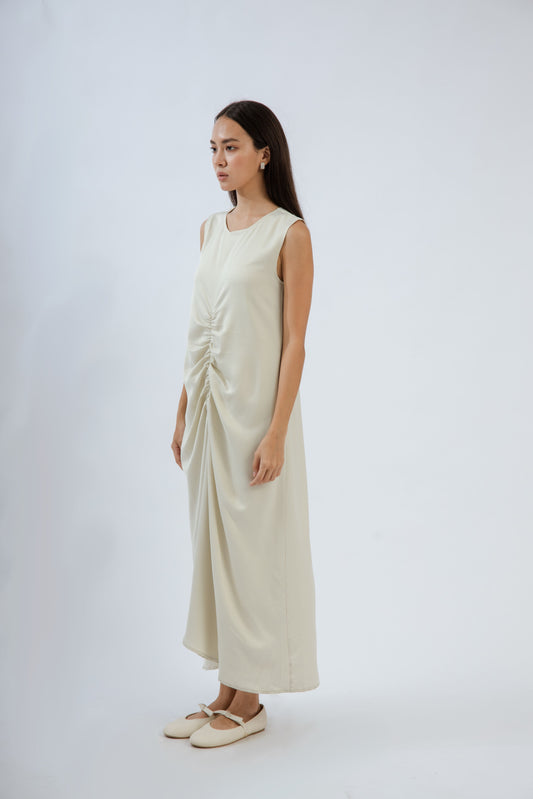 Ruched Flare Sleeveless Maxi Dress (Silver Satin)