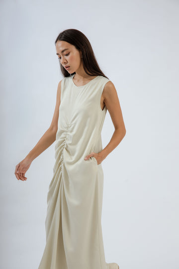 Ruched Flare Sleeveless Maxi Dress (Silver Satin)
