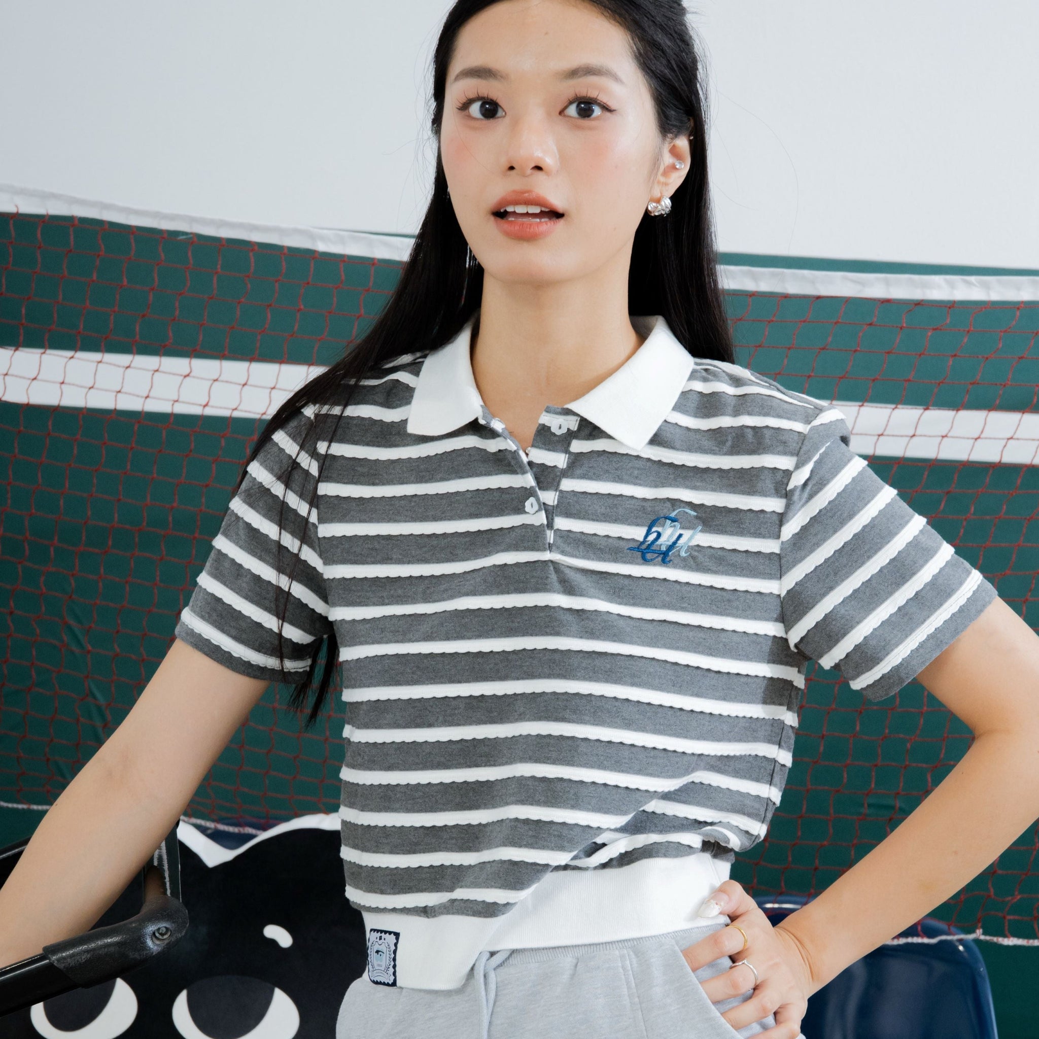 LULU Stripes Embroidery Polo (Grey Stripes)
