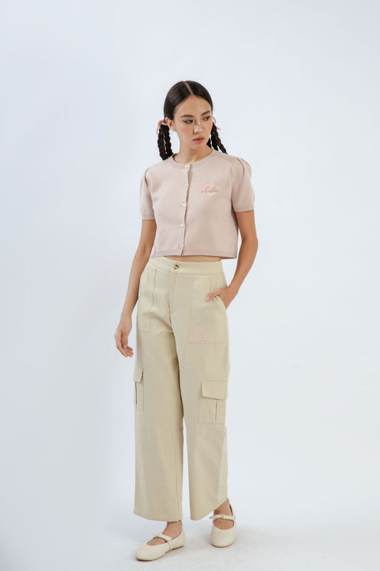 LULU Embroidery Ribbon Button Knit Top (Pink)
