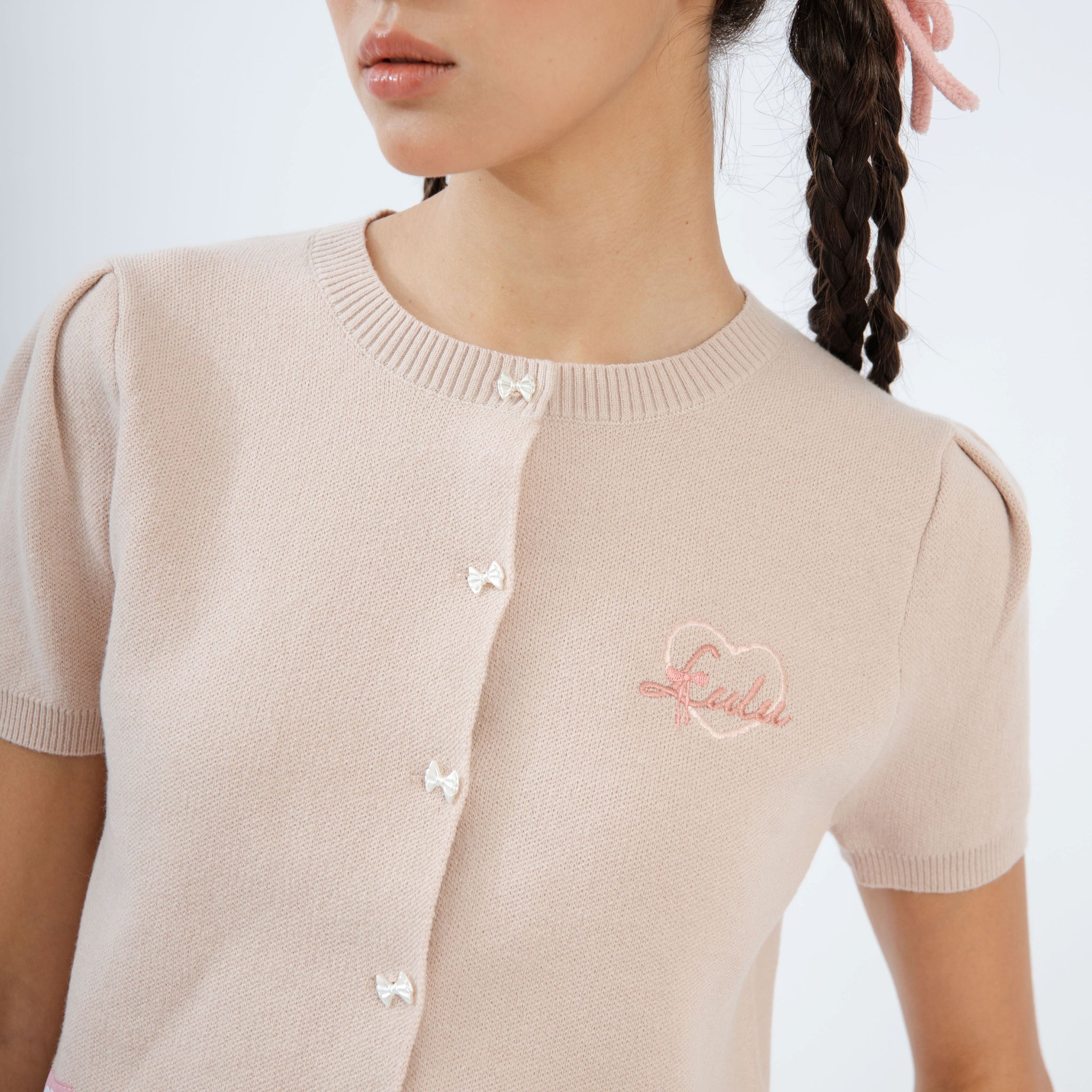 LULU Embroidery Ribbon Button Knit Top (Pink)