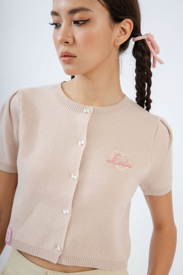 LULU Embroidery Ribbon Button Knit Top (Pink)