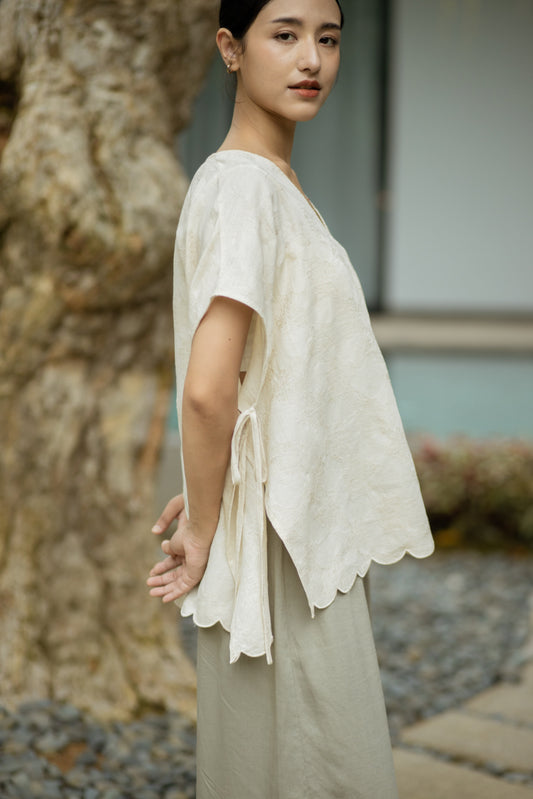 Anya Textured Side-Ribbon Top (Beige)