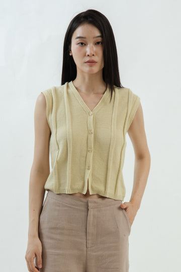 Sleeveless Rib-Knit Button Top (Avocado)