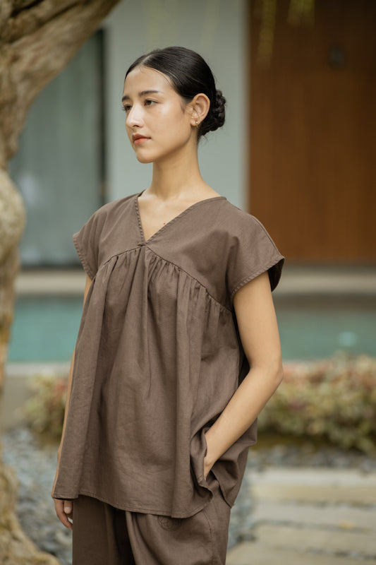 Gaia V-Neck Flare Top (Dark Brown)