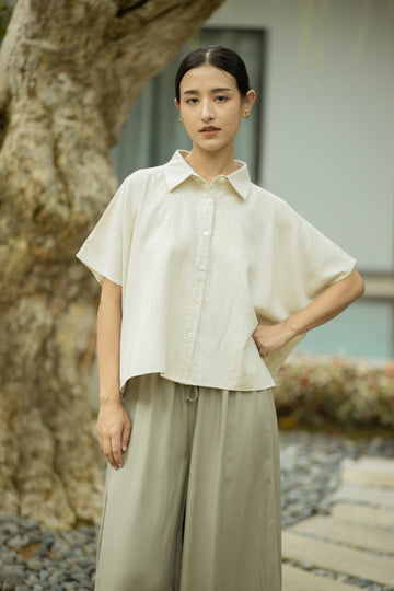Boxy Collared Button-Down Top (Bone)