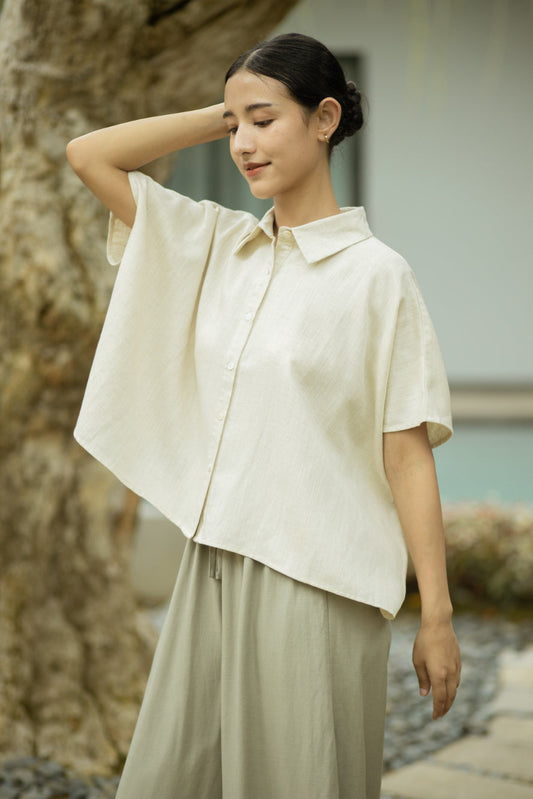 Boxy Collared Button-Down Top (Bone)