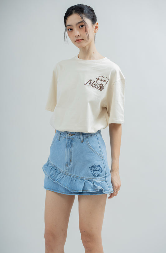 LULU Denim Embroidery Ruffled Skirt (Denim)