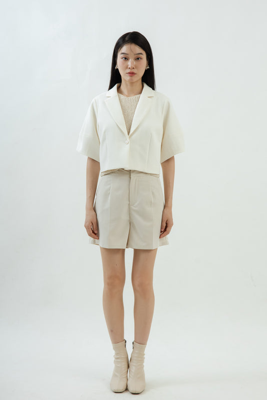 Textured Lantern Crop Blazer (White)