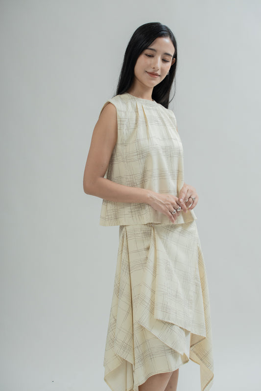 Sketchline Pleated Neck Sleeveless Top (Beige Stripes)