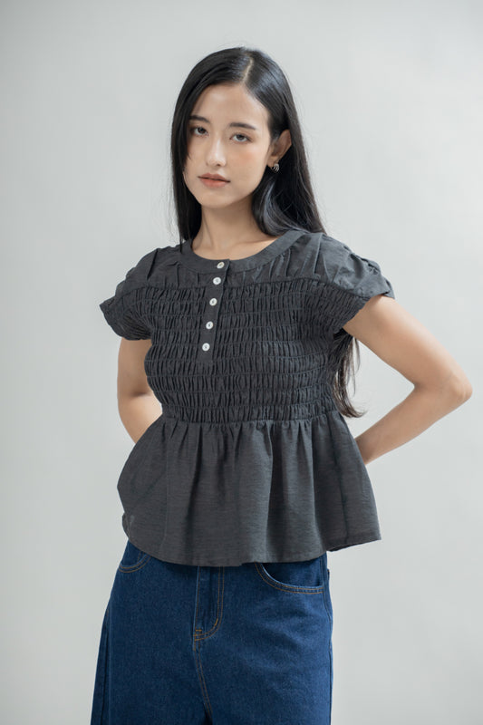 Margot Smocked Peplum Top (Dark Grey)