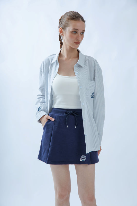 LULU Embroidery Pleated Drawstring Skirt (Dark Blue)