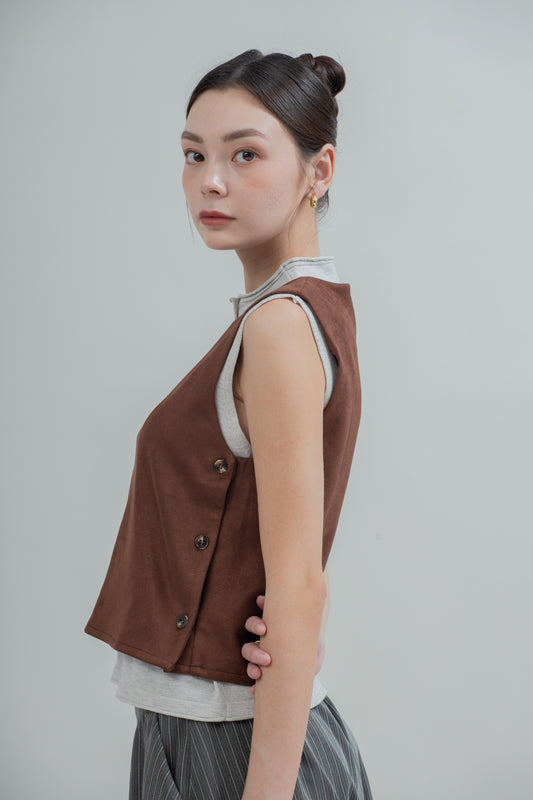 Suede Side-Button V Neck Top (Brown)