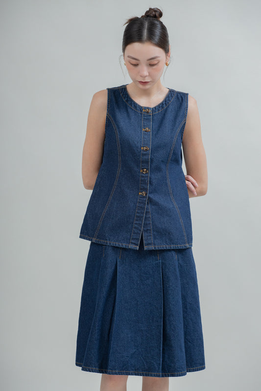 Saddle Contour Stitched Denim Top (Denim)