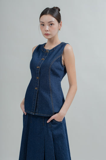 Saddle Contour Stitched Denim Top (Denim)