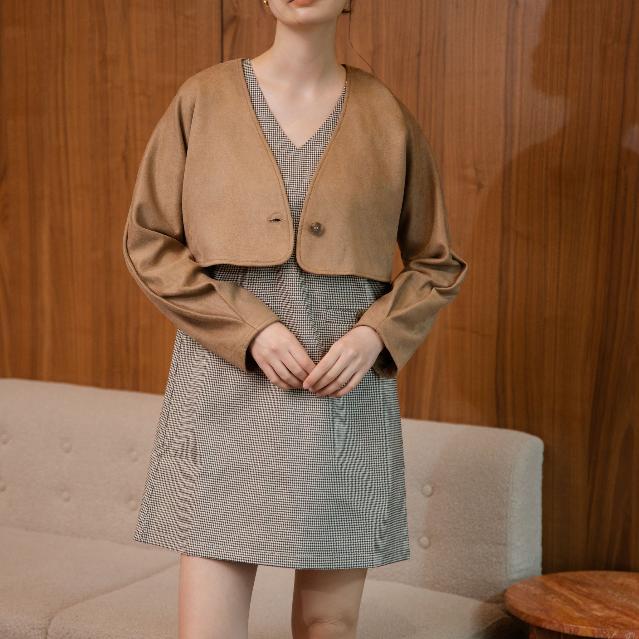 Suede Folded Sleeve Crop Jacket (Khaki Brown)