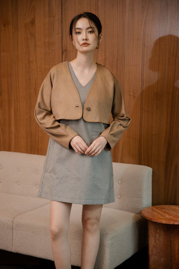 Suede Folded Sleeve Crop Jacket (Khaki Brown)