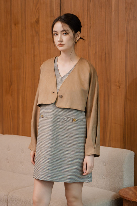 Suede Folded Sleeve Crop Jacket (Khaki Brown)