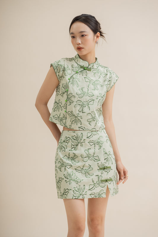 LingHua Embroidery Cheongsam Short Skirt (Green)