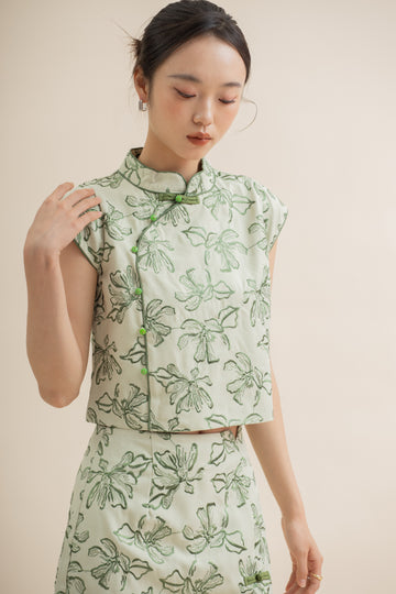 LingHua Embroidery Cheongsam Cap Sleeve Top (Green)