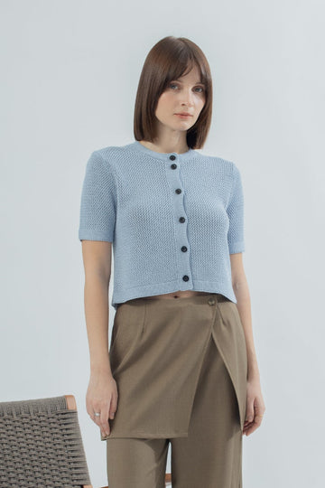 Button Hollow Knit Short Sleeve (Blue)