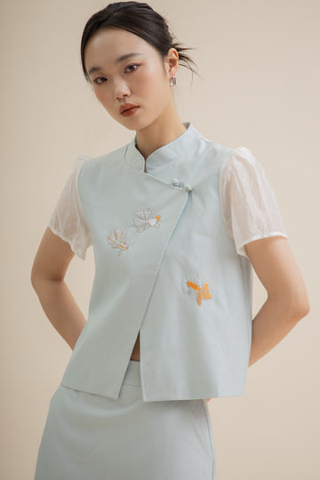 Goldfish Embroidery Sheer Sleeve Cheongsam Top (Blue)