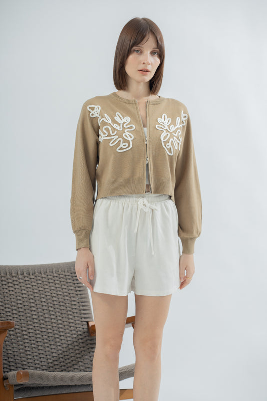 Rope Embroidery Zipper Knit Cardigan (Khaki Brown)