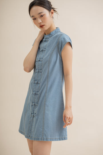 Denim Knot Down Cheongsam Dress (Washed Denim)