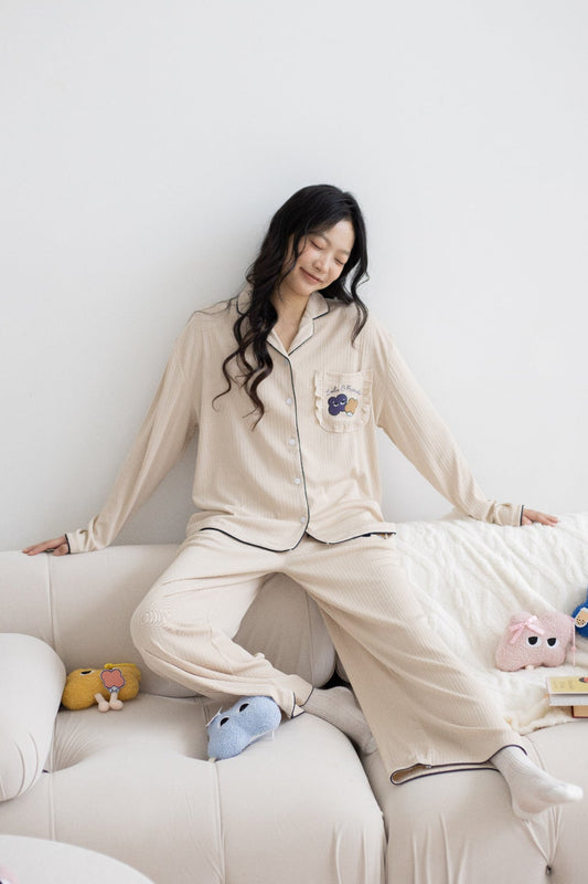 LULU Drapey Long Sleeve Pyjamas Set (Beige Brown)