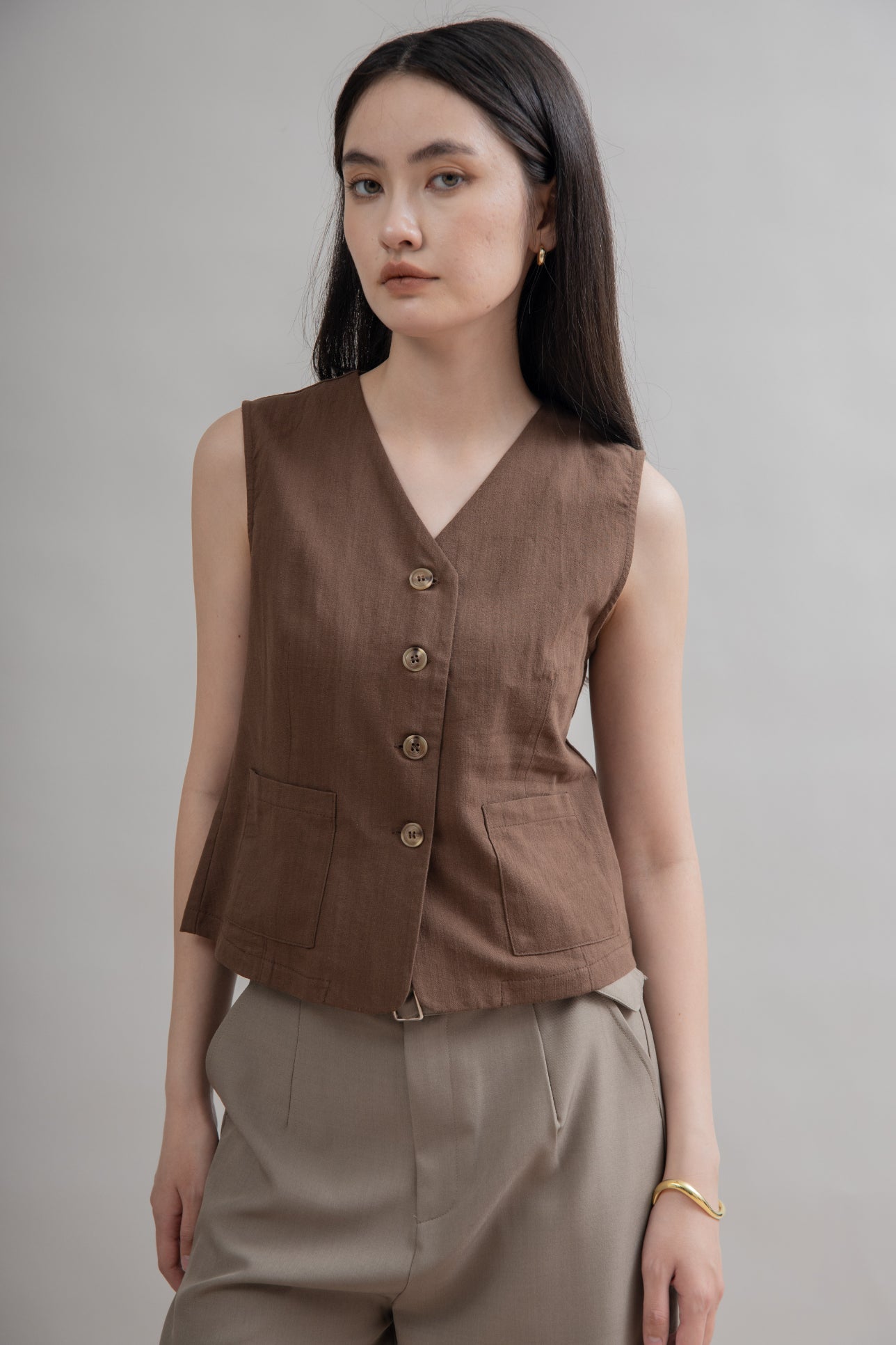 Front Pocket Casual Vest (Brown)