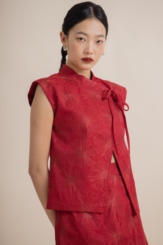 Full Blossom Embroidery Overlap Top (Red)