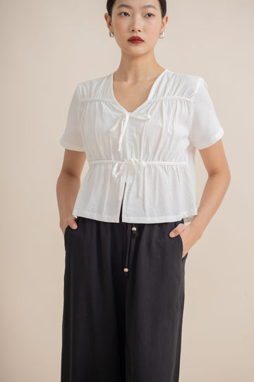 Ribbon Shirred Short Sleeve Top (Ivory)