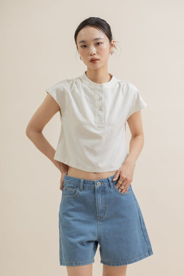 Mandarin Collar Cap-Sleeve Top (Beige Stripes)