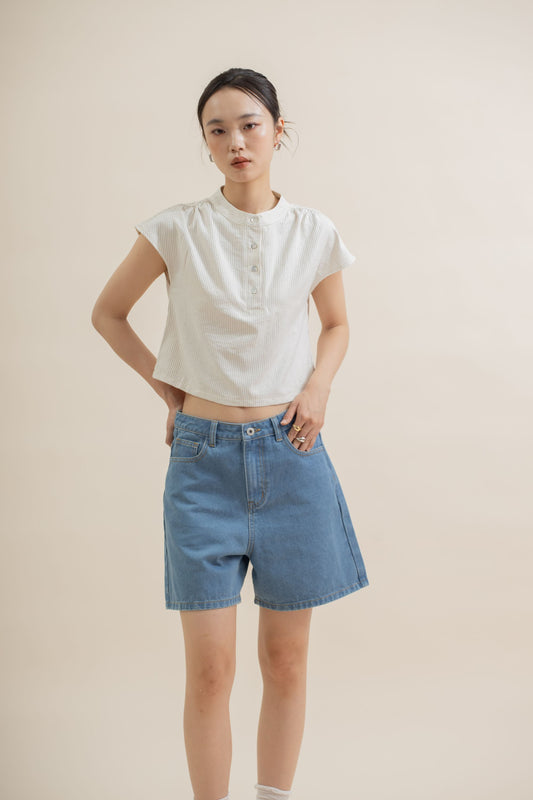 Mandarin Collar Cap-Sleeve Top (Beige Stripes)