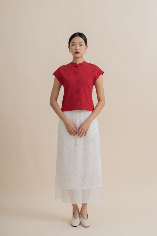 Textured Cap-Sleeve Cheongsam Top (Red)